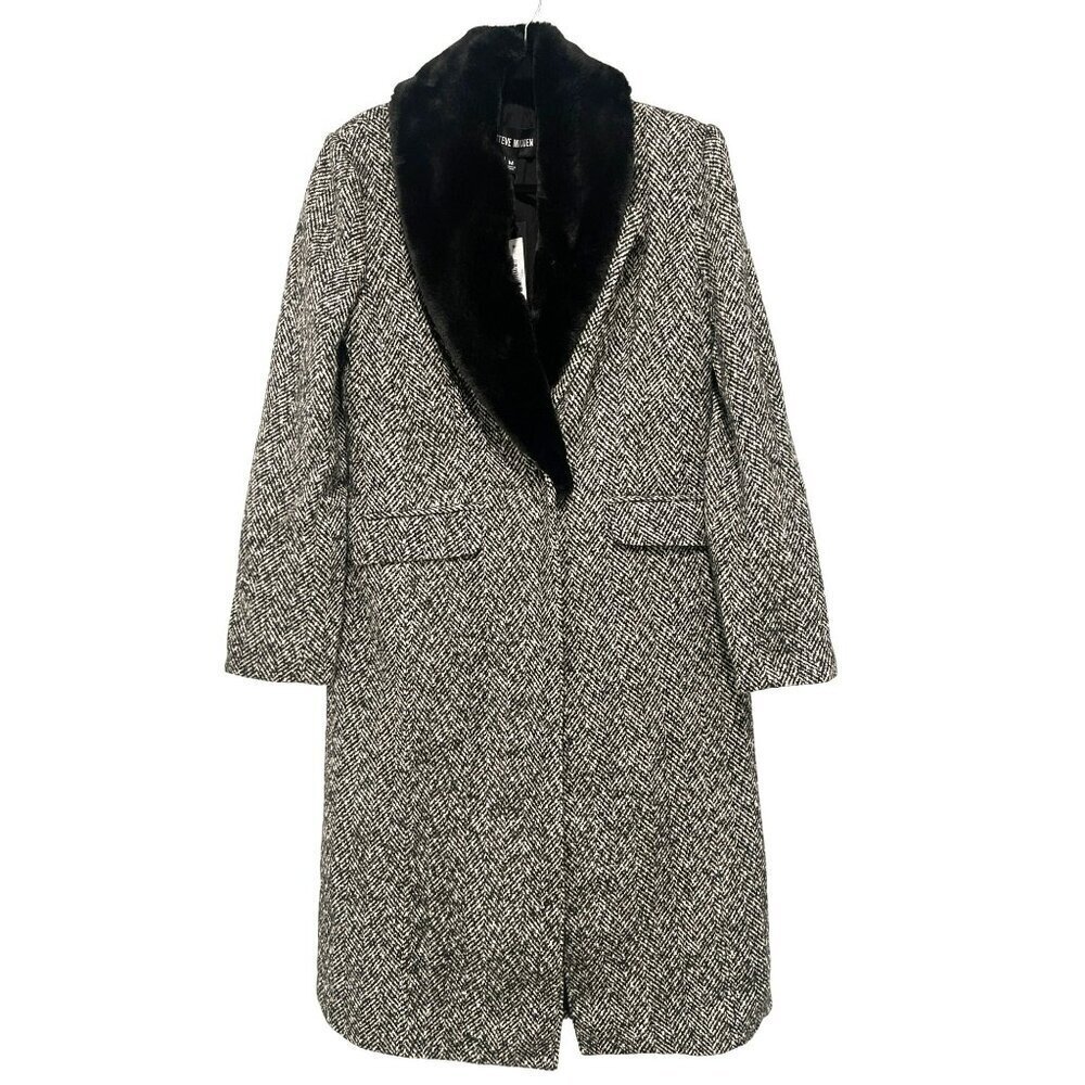 Steve Madden $159 Dienne Coat Black Multi Faux Fur Collar Tweed Medium NWT